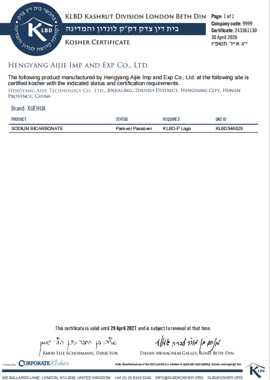 Sodium bicarbonate kosher Certificate